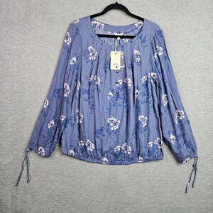 Lucky Brand Women's Size Large Blue Floral Boho Peasant Blouse NWT